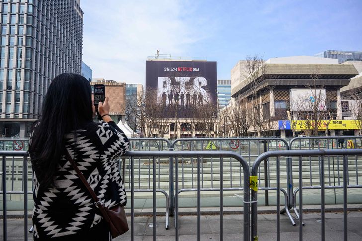 Access is restricted as stage construction is underway at Gwanghwamun Square in Seoul, Monday, five days ahead of BTS' comeback concert. Korea Times photo by Shim Hyun-chul