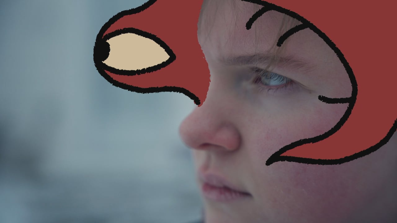 A close-up portrait of a person with light skin and a serious expression looking off-camera. Superimposed over their face is a crude, red digital drawing with thick black outlines, featuring a single large eye.