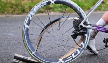 NIVONE, BELGIUM - FEBRUARY 28: Detail of the exploded tire of Amaury Capiot of Belgium and Team Jayco AlUla during the 21st Omloop Het Nieuwsblad 2026, Men