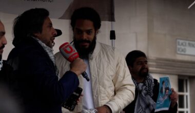 Vylan (centre) on stage at the Al Quds Day demonstration
