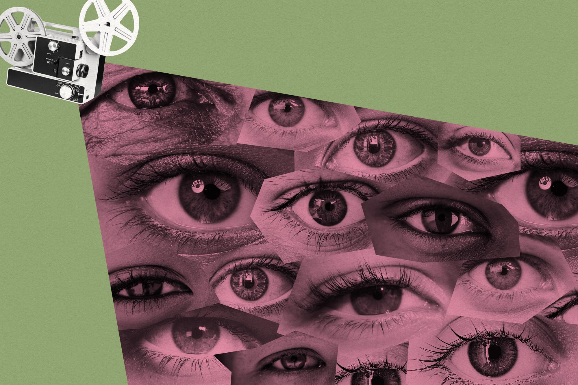 An illustration of eyes coming out of a film projector.