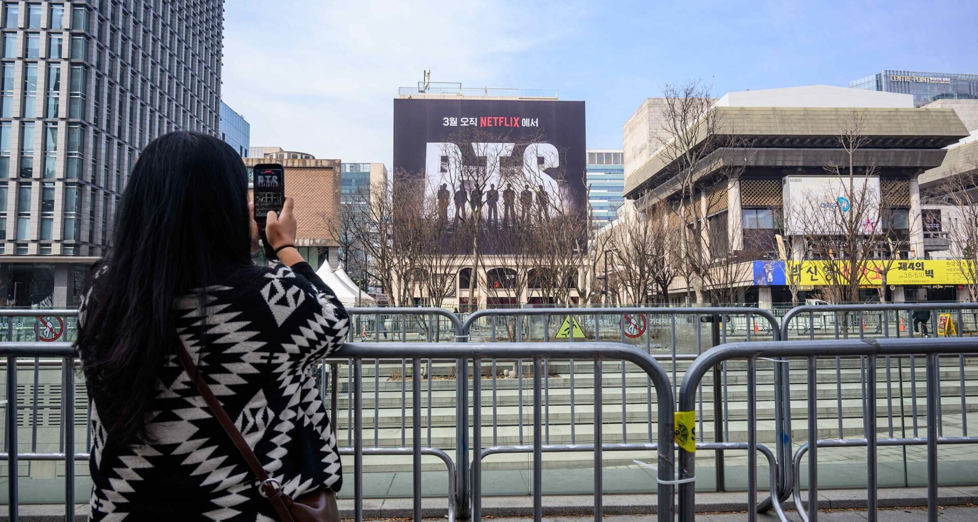 Access is restricted as stage construction is underway at Gwanghwamun Square in Seoul, Monday, five days ahead of BTS