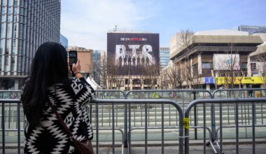 Access is restricted as stage construction is underway at Gwanghwamun Square in Seoul, Monday, five days ahead of BTS