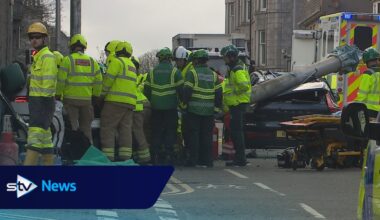 Aberdeen road closed after car crushed by lamppost following collision