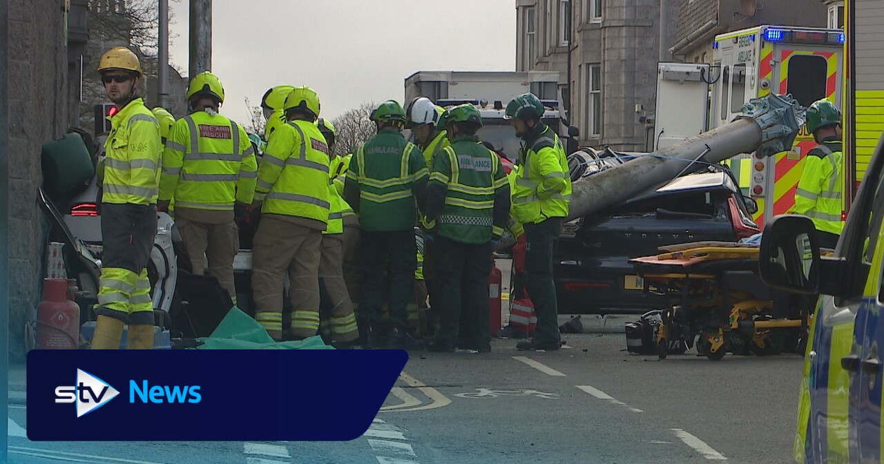 Aberdeen road closed after car crushed by lamppost following collision