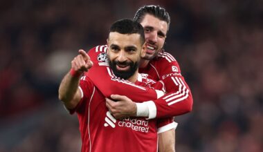 Mohamed Salah is hugged by Dominik Szoboszlai after scoring Liverpool's fourth goal against Galatasaray
