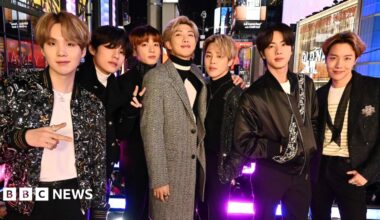 (left to right) Jimin, Jungkook, RM, J-Hope, V, Jin, and SUGA of the K-pop boy band BTS visit the "Today" Show at Rockefeller Plaza in 2020