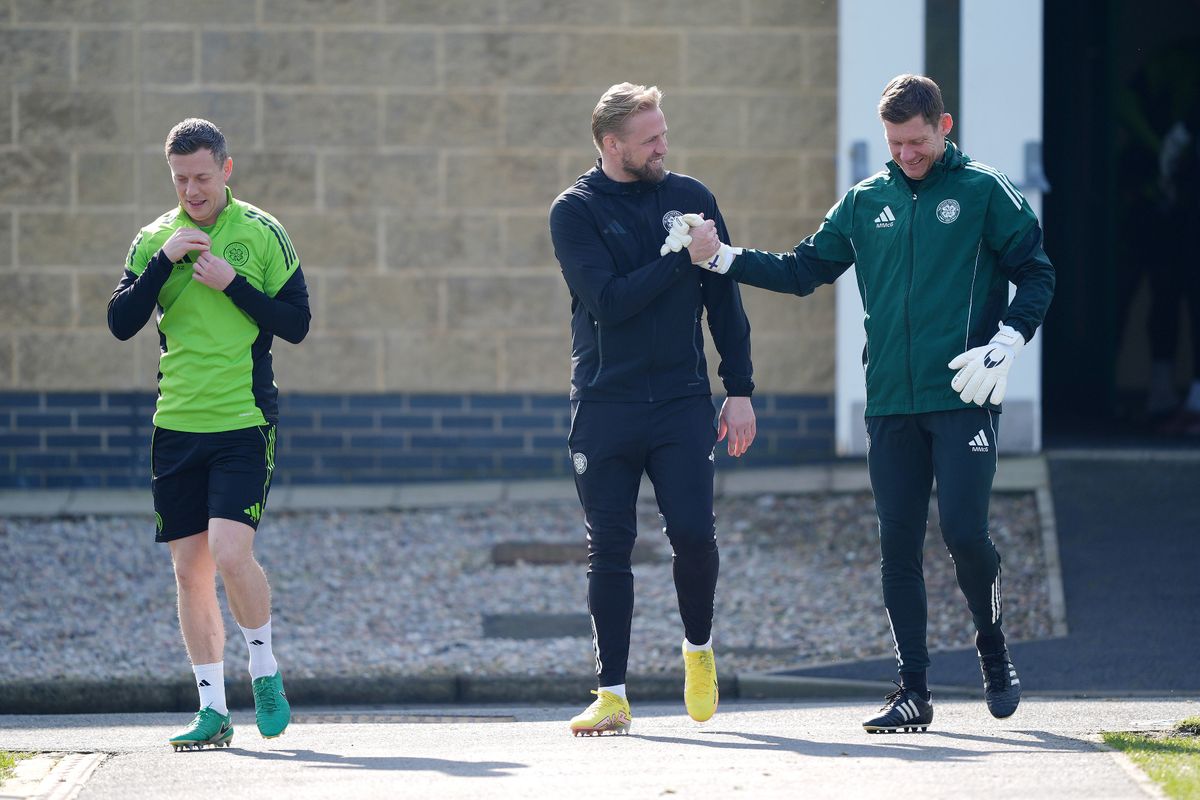 Celtic goalkeeper Kasper Schmeichel (centre), goalkeeping coach Michael McGovern and Callum McGregor (left) during a training session at the Lennoxtown 