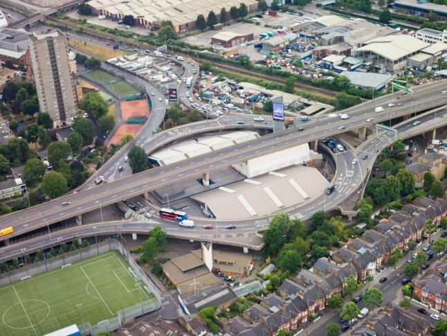 An aerial shot showing the A40 Westway flyover route in London.