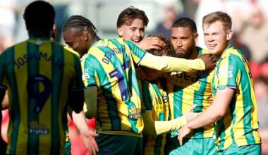 George Campbell is mobbed by his team-mates after heading West Brom into the lead against Bristol City