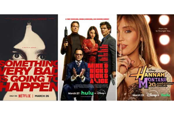 This combination of images shows promotional art for "Something Very Bad is Going to Happen," left, "Mike & Nick & Nick & Alice," center, and "Hannah Montana 20th Anniversary Special." (Netflix/Disney+/Disney+ via AP)
