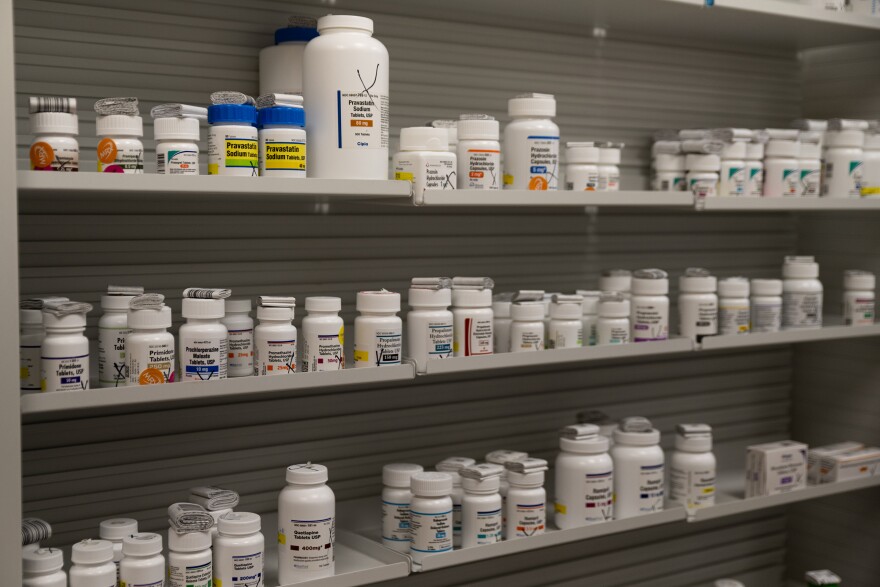 A collection of stock bottles, used to fill individual prescriptions, on shelves at Hyland’s Pharmacy in Wheeler. Reimbursement rates have gotten so bad for some prescriptions that pharmacies are having to sell them at a loss.