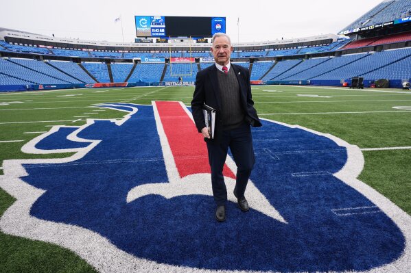 Chris Clark, Buffalo Bills Vice President of Security walks on the field at Highmark Stadium before an NFL football game between the Philadelphia Eagles and Buffalo Bills, Sunday, Dec. 28, 2025. (AP Photo/Gene J. Puskar)