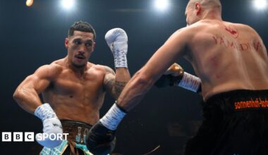 Huseyin Cinkara​ punches Jai Opetaia during the IBF & Ring Magazine Cruiserweight World Title bout between Jai Opetaia and Huseyin Cinkara
