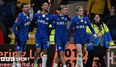 Marc Guiu, Joao Pedro, Jesse Derry and Alejandro Garnacho celebrate an extra-time goal.
