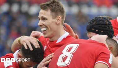 Liam Williams joins the Taulupe Faletau try celebrations in Rome in 2023