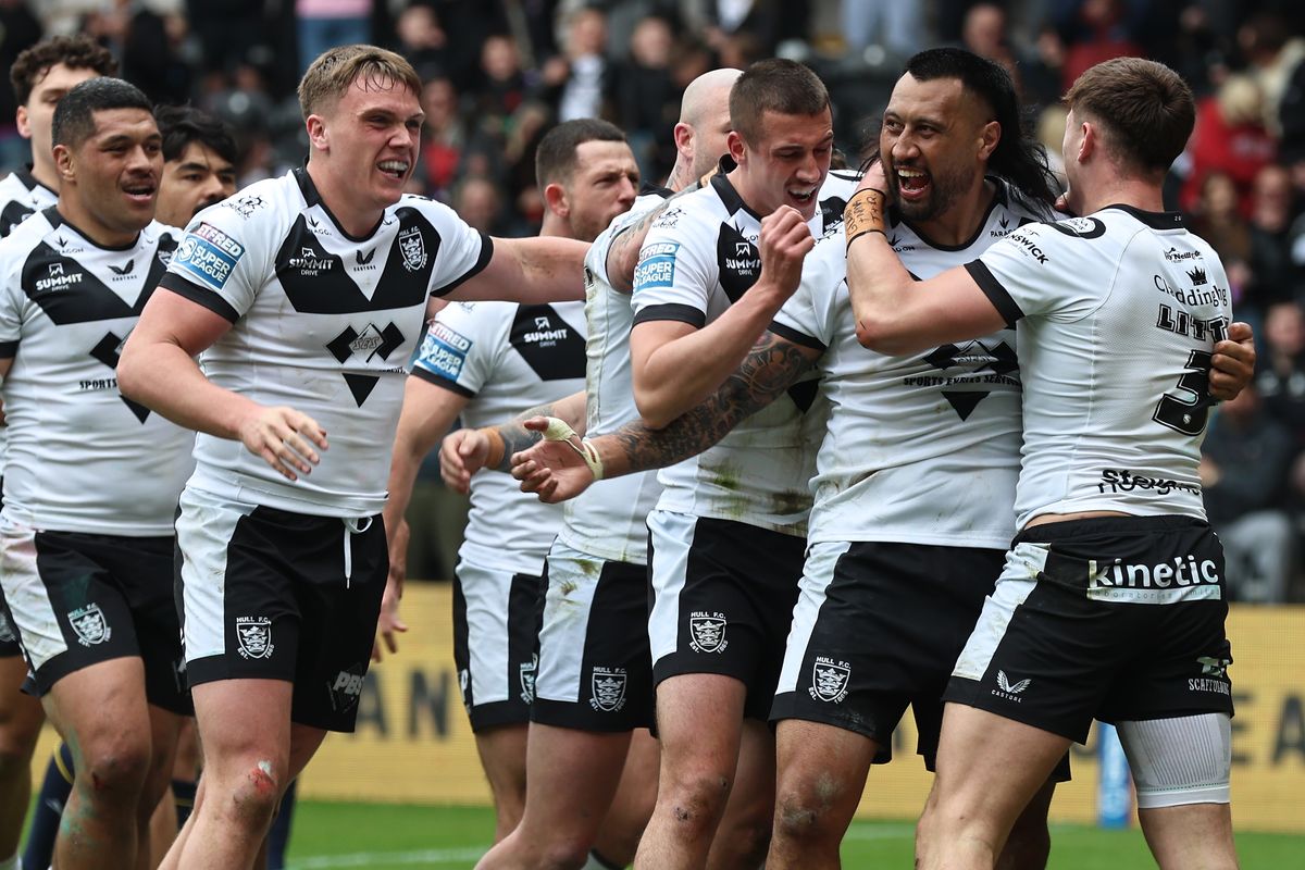 Hull FC celebrate Ligi Sao's try.