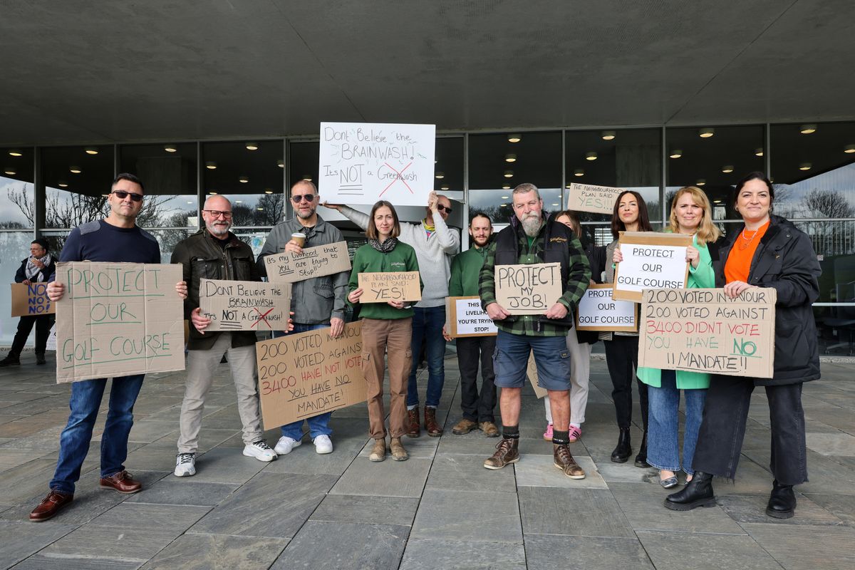 Supporters of the Gillyflower golf course development gather outside New County Hall / Lys Kernow in Truro