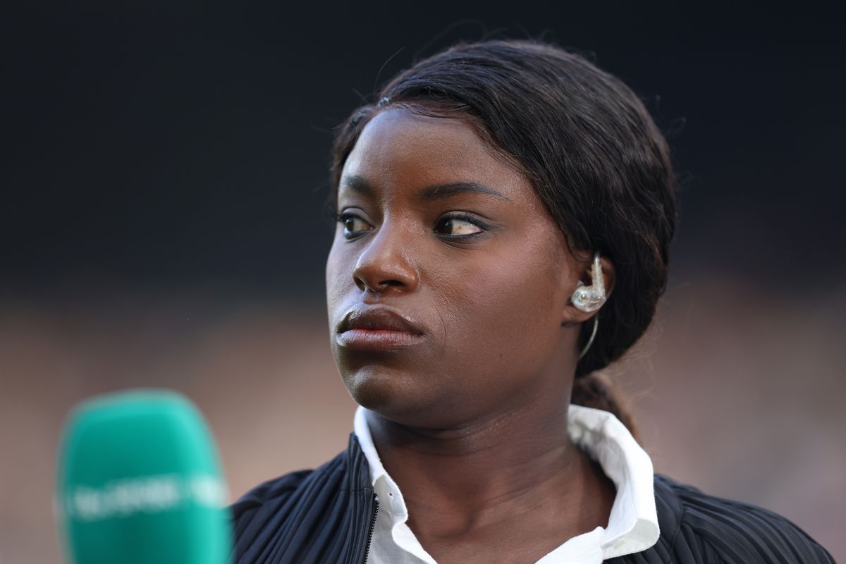 Former footballer and pundit, Eni Aluko looks on prior to the UEFA Women's EURO 2025 qualifying match between England and France at St James' Park on May 31, 2024 in Newcastle upon Tyne, England