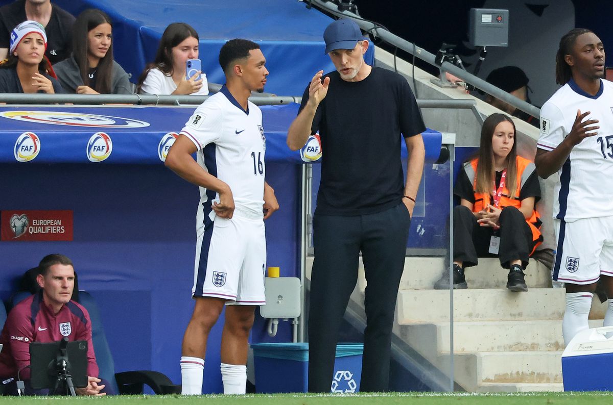 Trent Alexander-Arnold and Thomas Tuchel are present during the match between the national teams of Andorra and England, corresponding to Matchday 3 A of Group K of the World Cup Qualifying, at the RCDE Stadium in Barcelona, Spain, on June 7, 2025. (Photo by Joan Valls/Urbanandsport/NurPhoto via Getty Images)