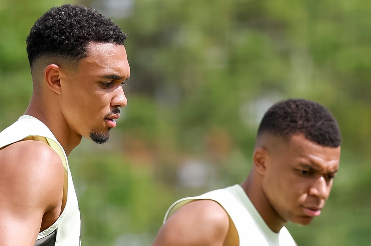 Trent Alexander-Arnold and Kylian Mbappe players of Real Madrid are training