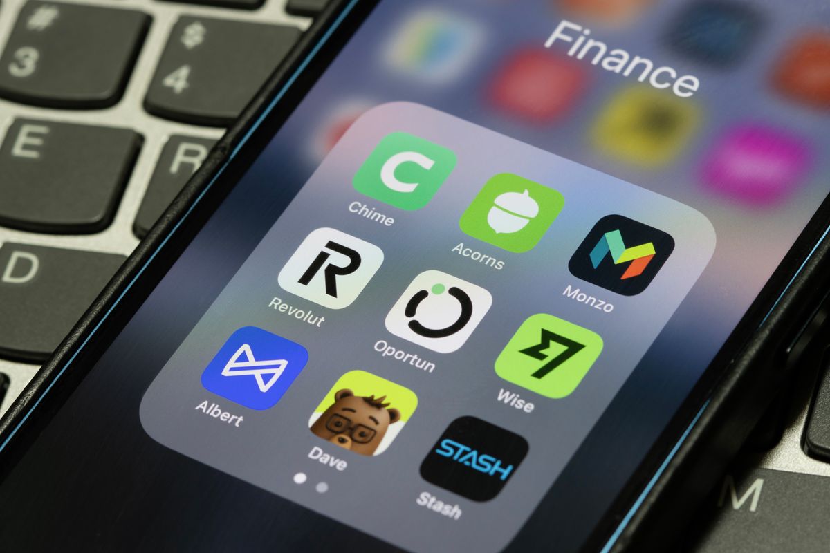 Portland, OR, USA - Sep 4, 2025: Assorted apps by neobanks or banking fintech firms, including Chime, Acorns, Monzo, Revolut, Oportun, Wise, Albert, Dave, and Stash, are seen on the screen of an iPhone.