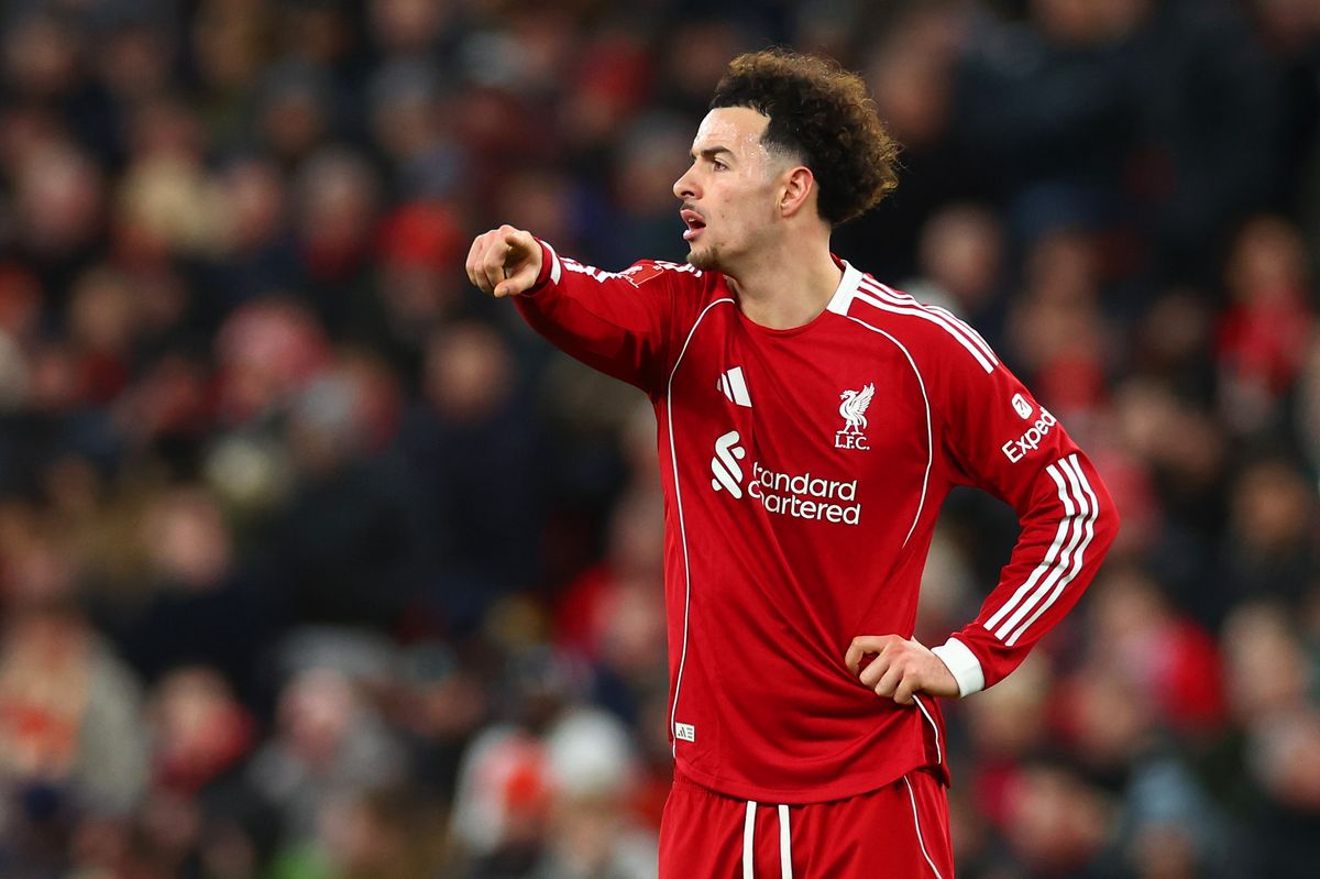Curtis Jones of Liverpool gestures during the Emirates FA Cup Fourth Round match between Liverpool and Brighton & Hove Albion