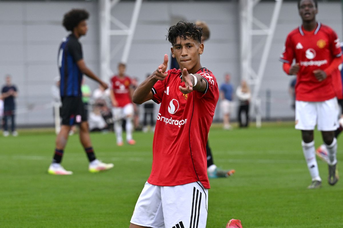 Manchester United's JJ Gabriel celebrates scoring his side's fourth goal of the game during the Under 18 Premier League between Manchester United U18s and Middlesbrough U18s at Carrington Training Ground