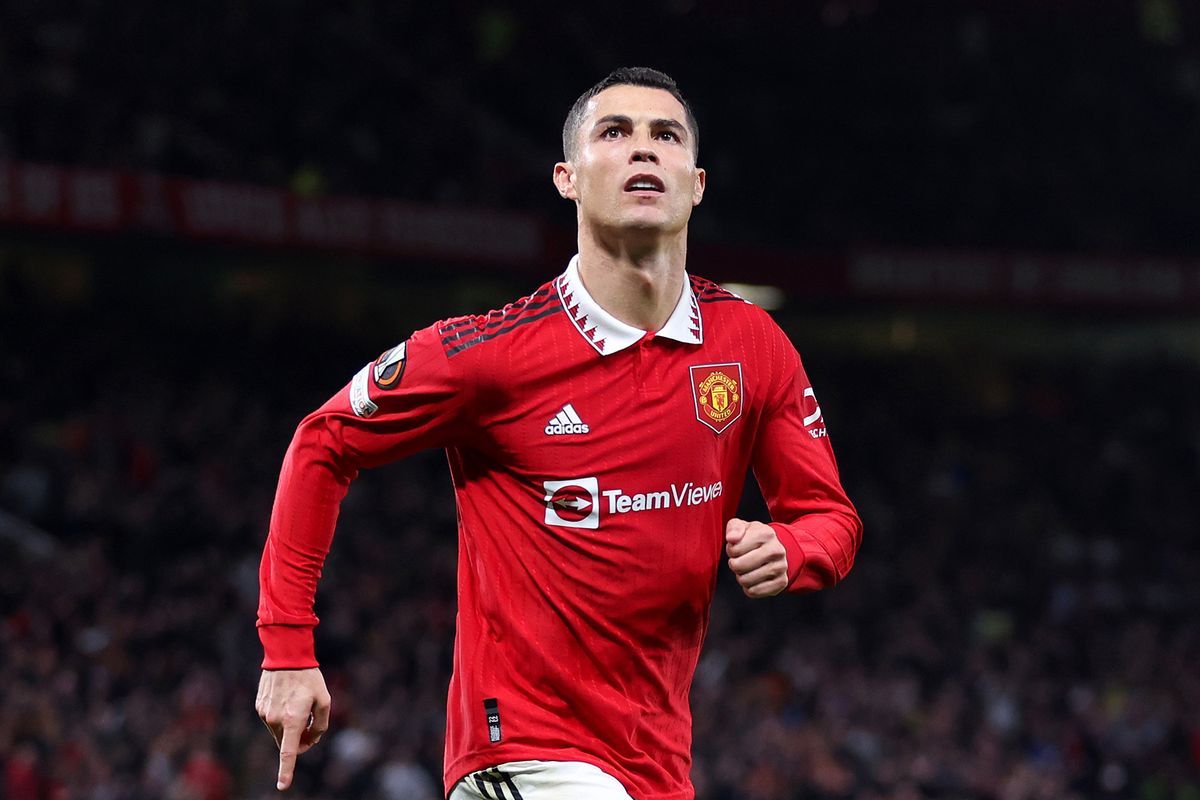 Cristiano Ronaldo of Manchester United celebrates after scoring their team's third goal during the UEFA Europa League group E match between Manchester United and Sheriff Tiraspol at Old Trafford on October 27, 2022 in Manchester, England.