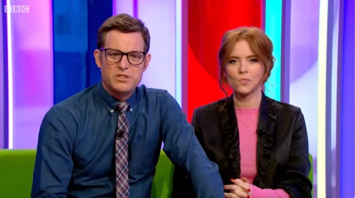 Angela Scanlon is seen presenting The One Show with Matt Baker