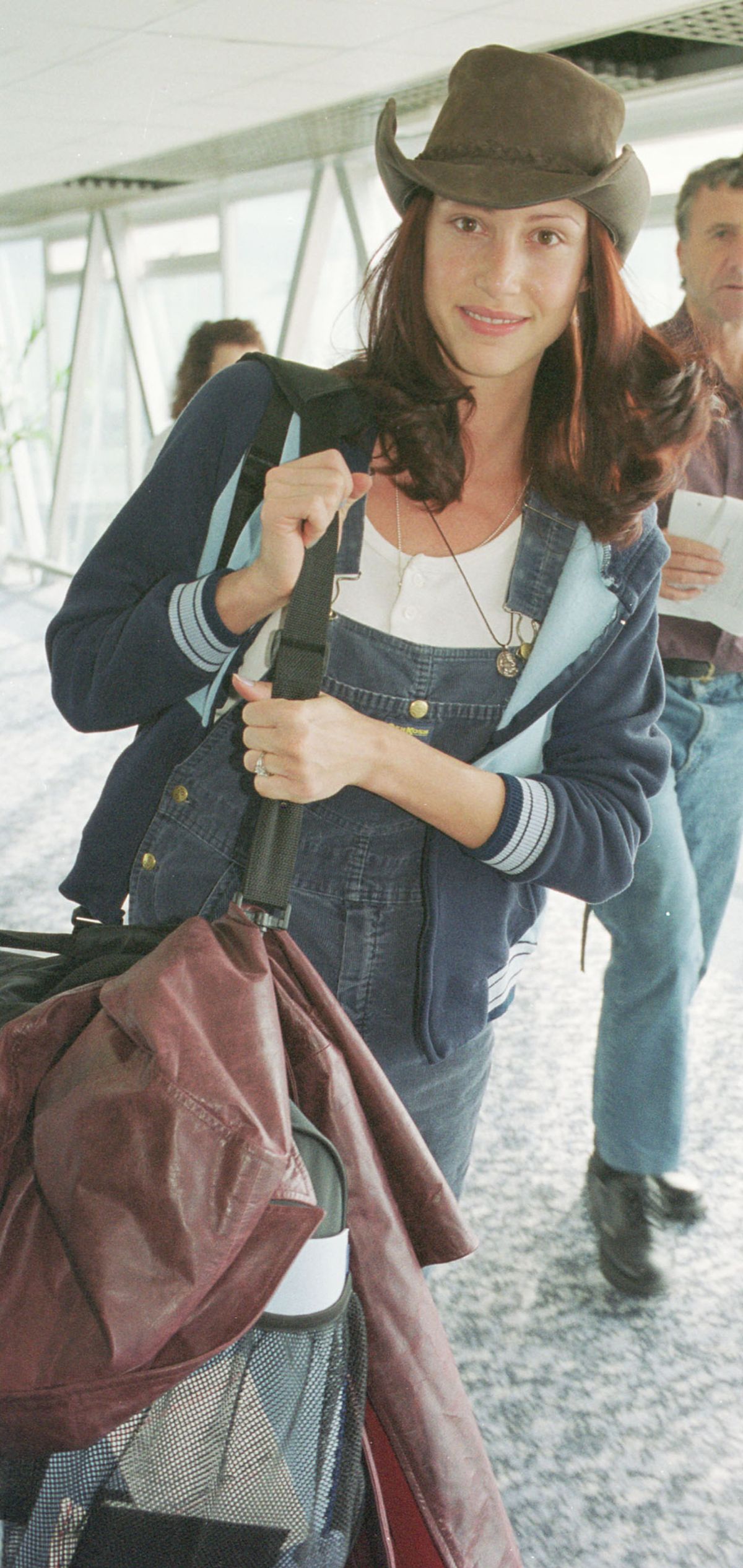 arrives at Heathrow Airport to promote her latest film American Pie. The former soft porn actress and playboy model will be appearing on the Big Breakfast and various tv chat