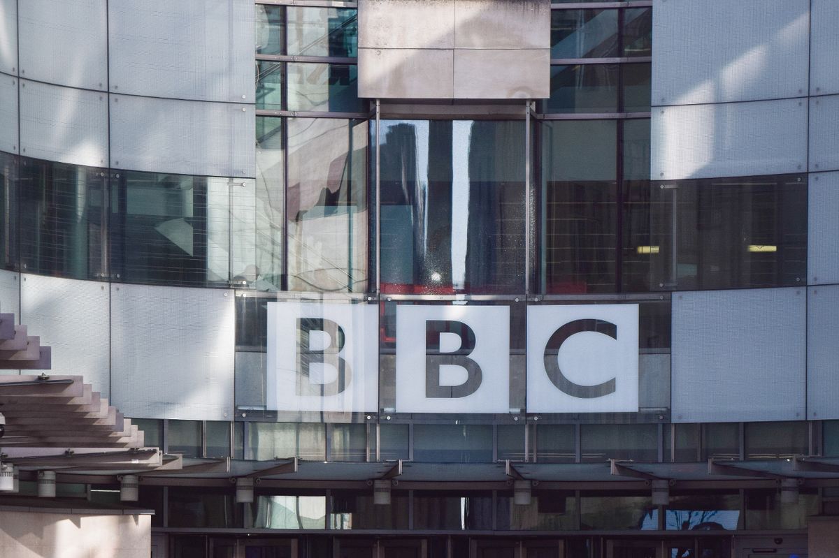 The BBC logo is seen at the entrance at Broadcasting House, the BBC headquarters in central London.