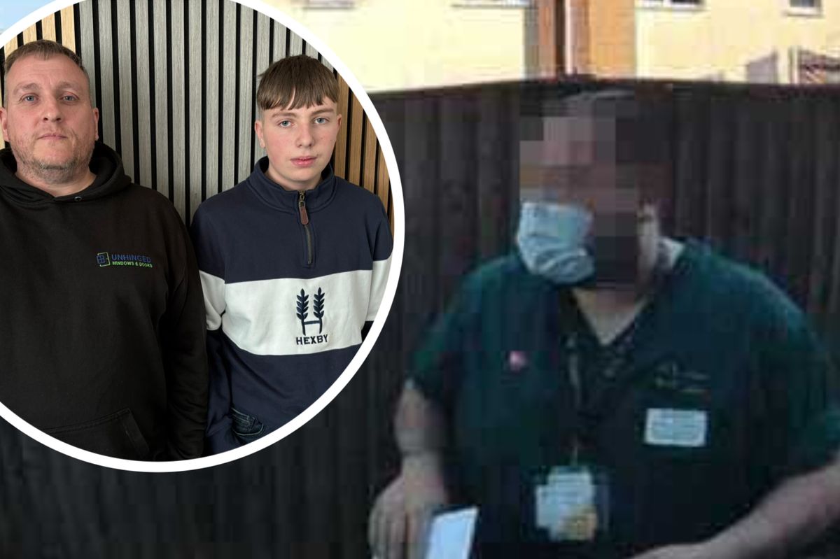 A still from doorbell footage of the letter being delivered and, inset, 15-year-old Ieuan Williams with his father Lee