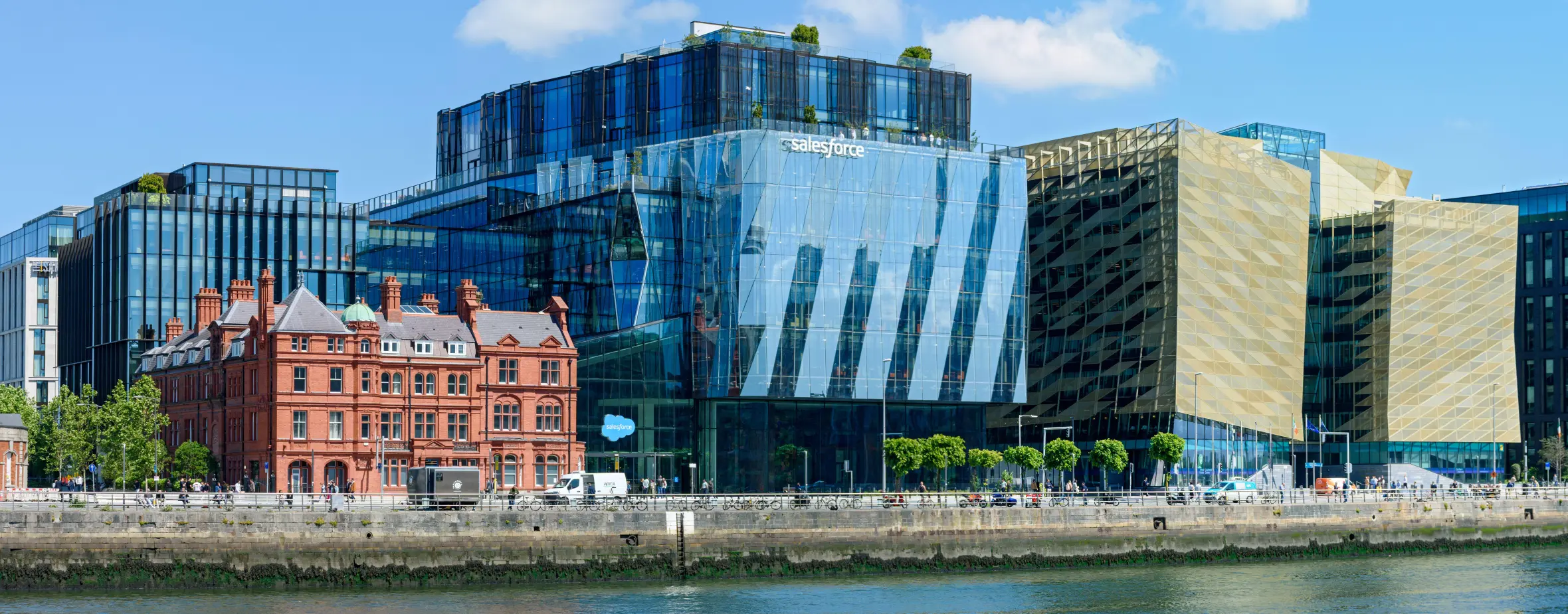 The British & Irish Rail building, Salesforce Tower, and Central Bank of Ireland buildings on North Wall Quay, Dublin.