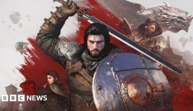 An artistic image shows Kliff, the hero of Crimson Desert, clad in a suit of leather armour, holding a large shield and heroically wielding a sword over his head. Behind him, a montage of secondary characters and a dragon appear amid an explosion of crimson paint.