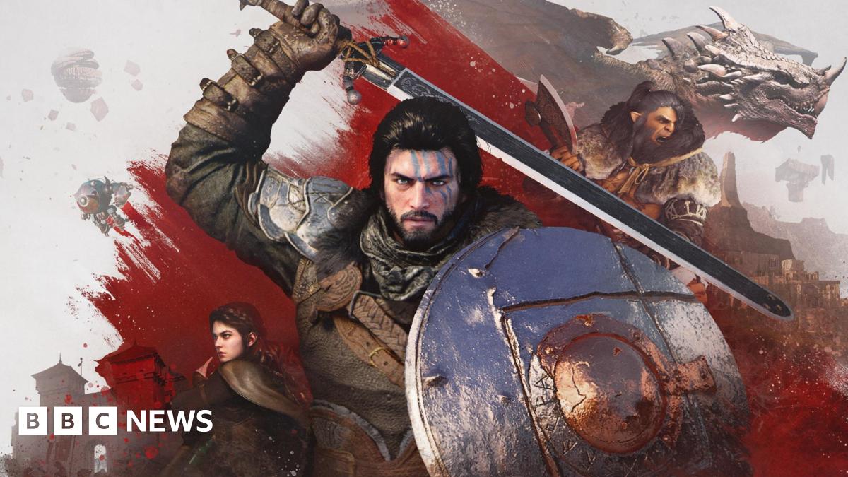 An artistic image shows Kliff, the hero of Crimson Desert, clad in a suit of leather armour, holding a large shield and heroically wielding a sword over his head. Behind him, a montage of secondary characters and a dragon appear amid an explosion of crimson paint.