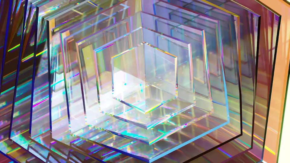 A series of hexagonal clear pieces, reflecting rainbow prisms.