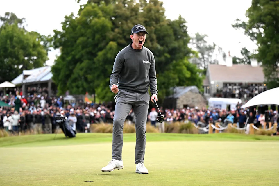 Daniel Hillier roars with delight after holing the winning putt at the 2026 New Zealand Open