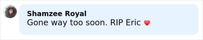 Comment by Shamzee Royal expressing condolences for Eric Dane’s cause of passing and heartfelt loss with a red heart emoji.