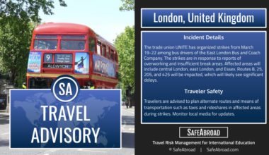 Bus drivers will strike in London, United Kingdom from March 19-22, causing travel disruptions.