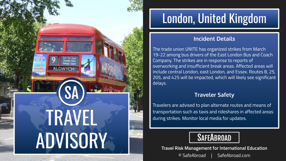 Bus drivers will strike in London, United Kingdom from March 19-22, causing travel disruptions.