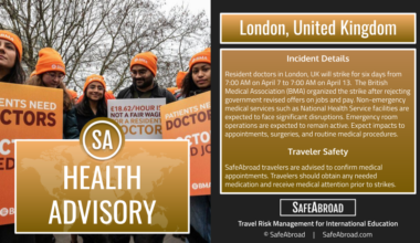 Expect health service disruptions as resident doctors will strike in London, United Kingdom from April 7-13 over pay disputes.