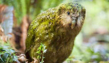 Kākāpō called Stella. The image shows a kakapo looking toward the camera.