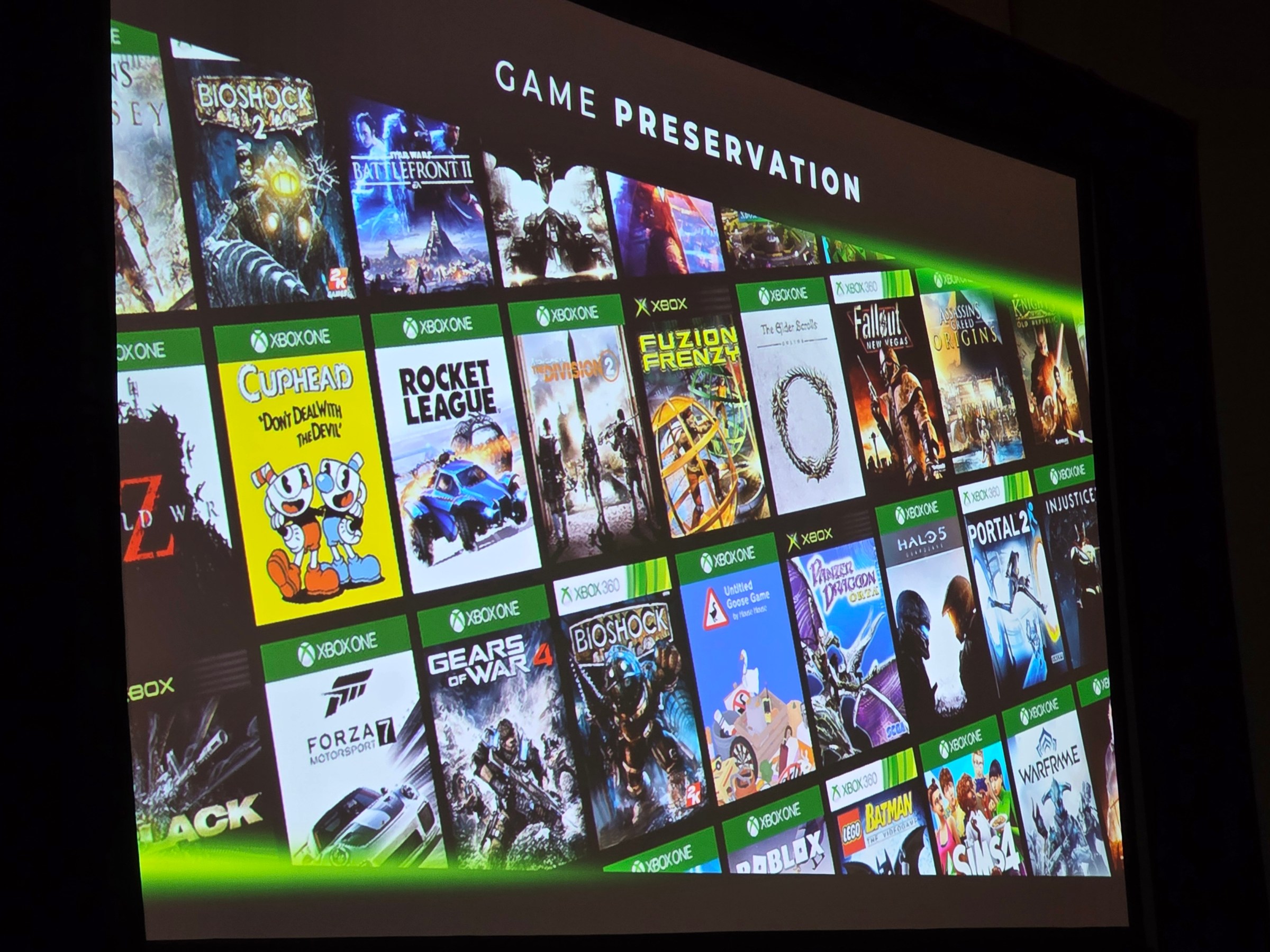 A slide from an Xbox GDC 2026 presentation showing games that are part of game preservation.