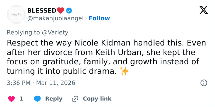 Tweet discussing Nicole Kidman’s response to Keith Urban divorce, focusing on gratitude, family, and growth over drama. Tweet discussing Nicole Kidman’s response to Keith Urban divorce, focusing on gratitude, family, and growth over drama.
