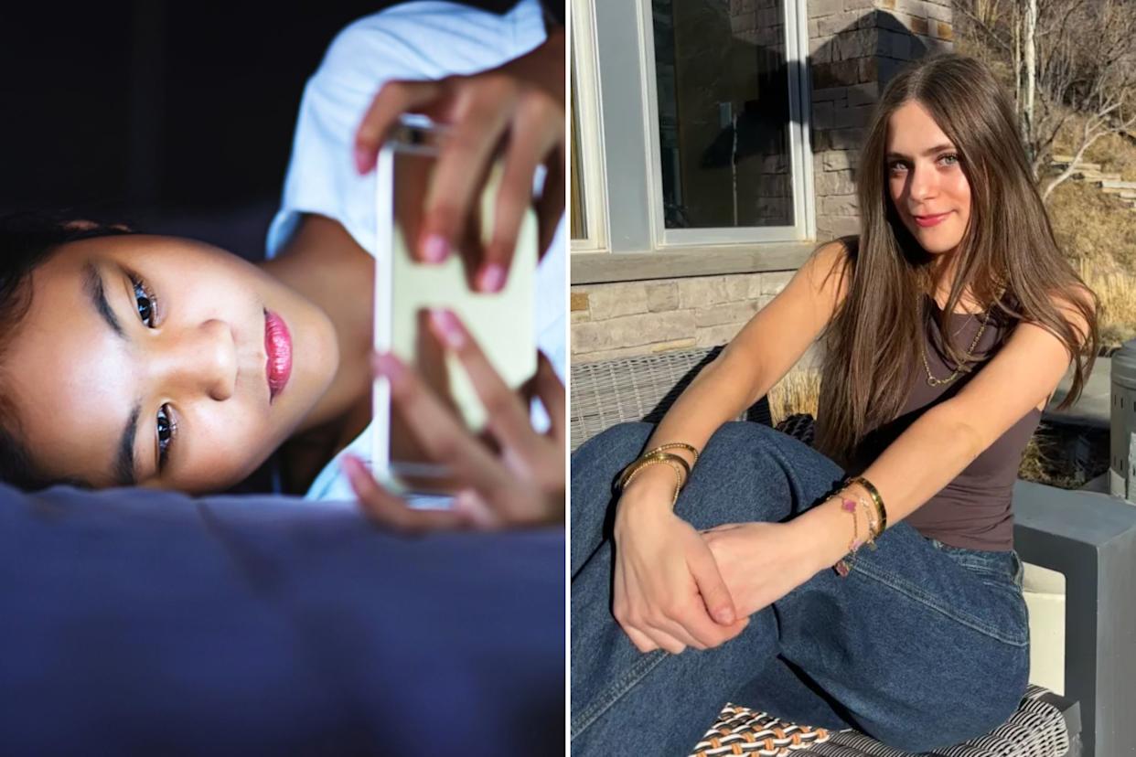 An image collage containing 2 images, Image 1 shows Teen girl lying in bed at night and using a smartphone, Image 2 shows Hallie Zilberman sits on a patio bench, smiling at the camera