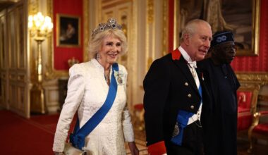 Queen Camilla is resplendent in the Belgian Sapphire Tiara as she joins King Charles at the Nigerian state banquet