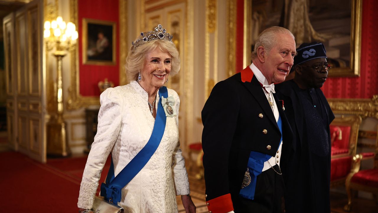 Queen Camilla is resplendent in the Belgian Sapphire Tiara as she joins King Charles at the Nigerian state banquet