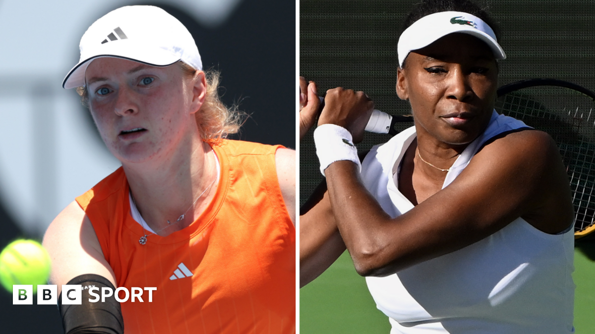 Great Britain's Fran Jones and America's Venus Williams in a split picture, with Jones in orange tennis outfit and white cap and Williams in white tennis outfit and white visor