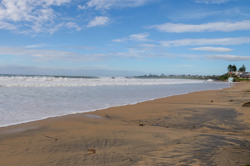 A beach with black dirt on it and huge surf.